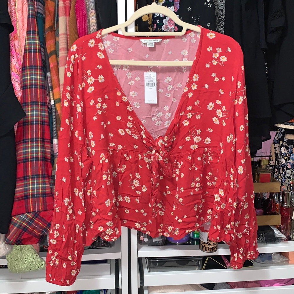 AEO Keyhole Tie Floral Blouse